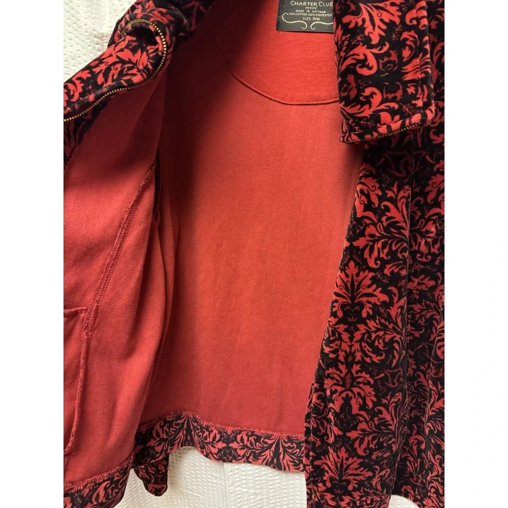 Charter Club Women's‎ SZ P/M Red Black Damask Velvet Zip Up Bomber Jacket Soft